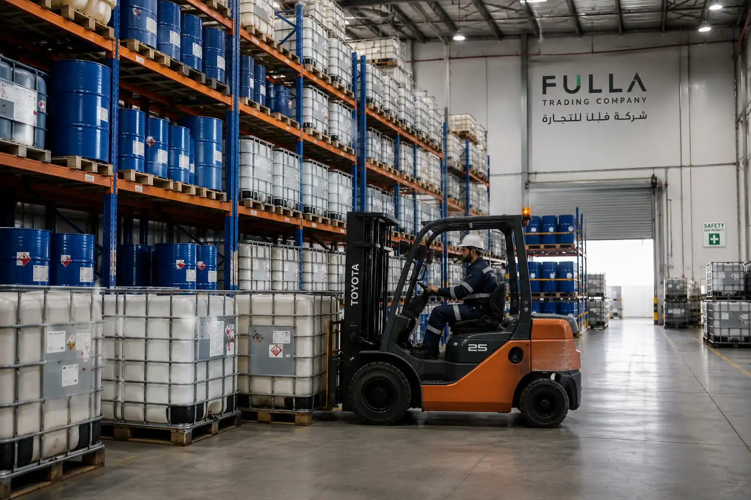 Organized industrial warehouse handling chemical containers and packaged materials