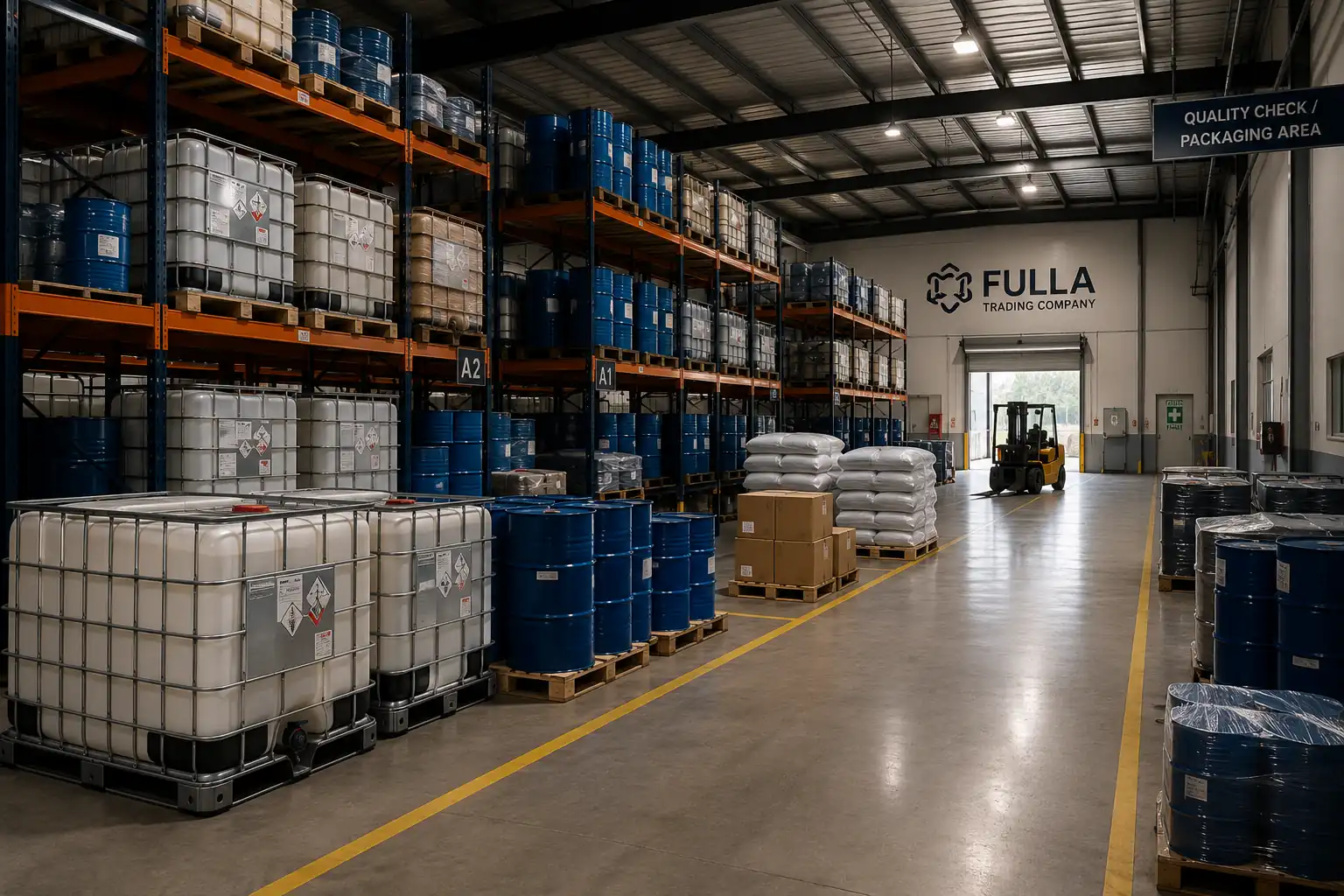 Industrial chemical containers organized within a warehouse and handling environment