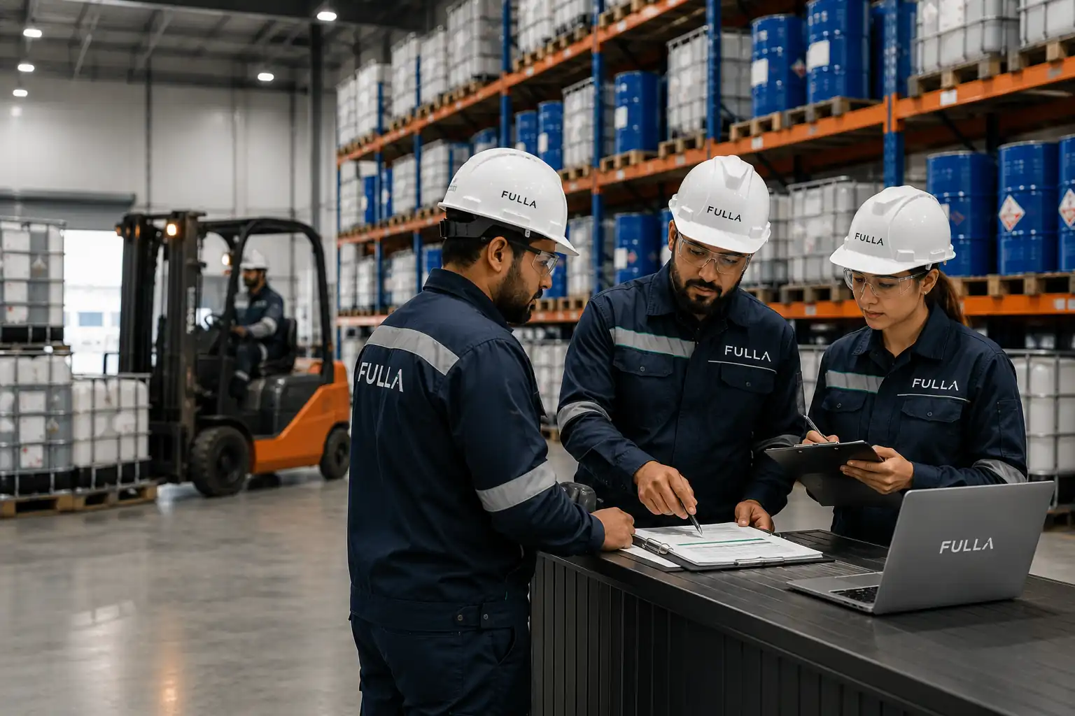 Fulla personnel inspecting industrial materials and coordinating warehouse operations