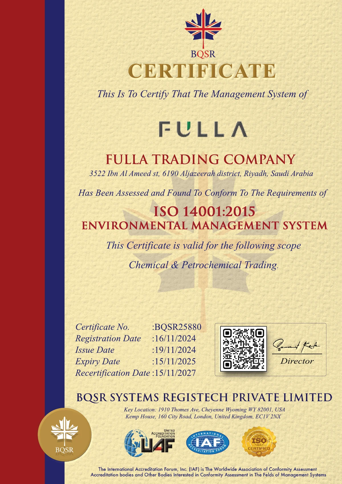 ISO 14001:2015 certificate issued to Fulla Trading Company