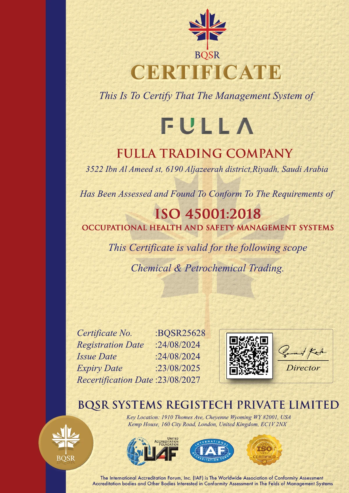 ISO 45001:2018 certificate issued to Fulla Trading Company