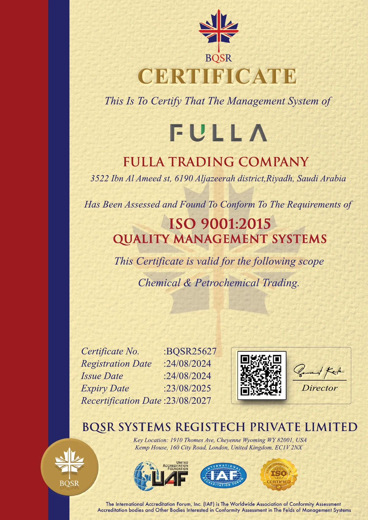 ISO 9001:2015 certificate issued to Fulla Trading Company